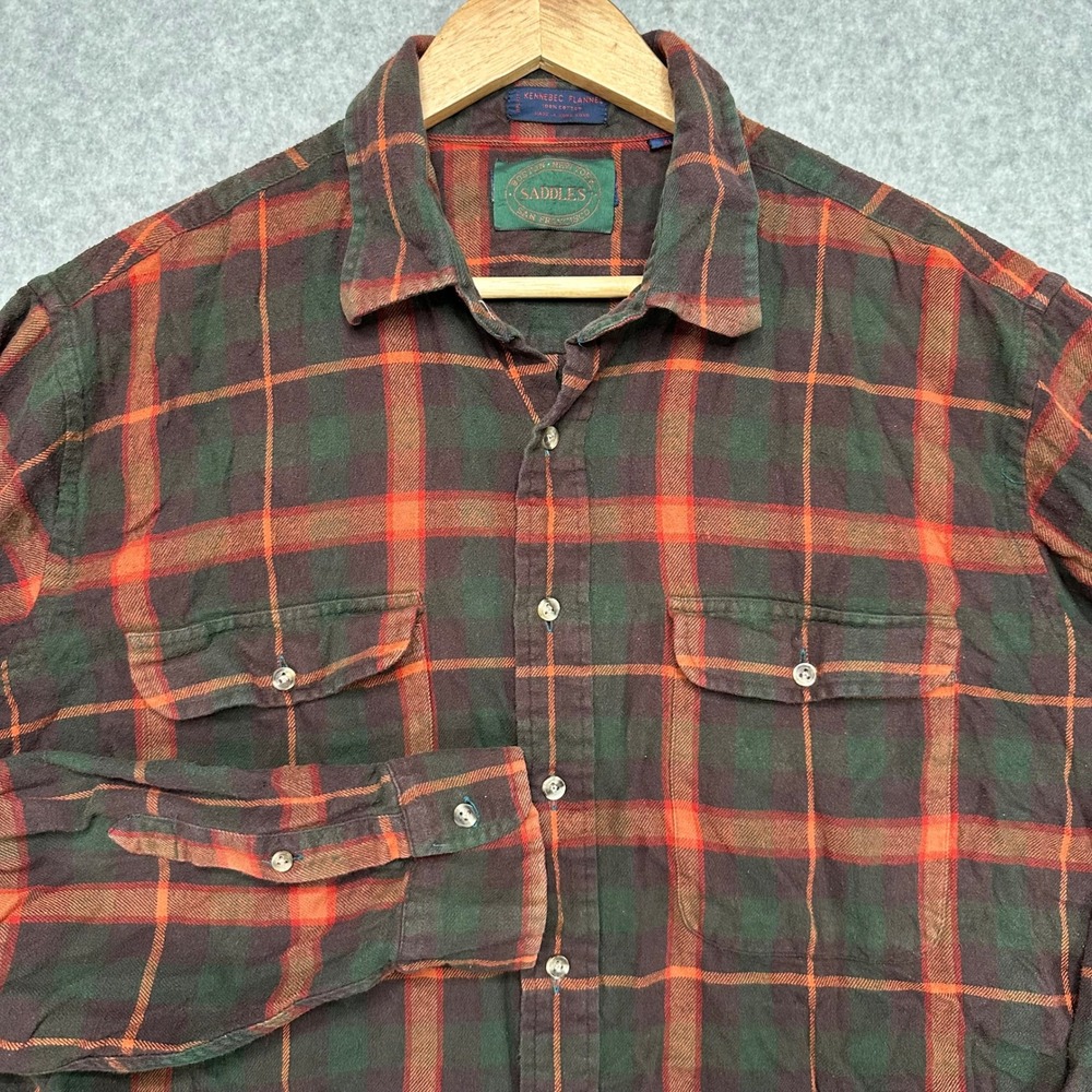 VTG Saddles Kennebec Flannel Plaid Long Sleeve Button‎ Up Shirt Mens XL Cotton